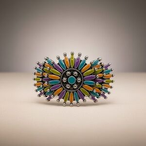Silver-Tone Multicolor Sunburst Cuff Bracelet - Colorful Enamel Accent